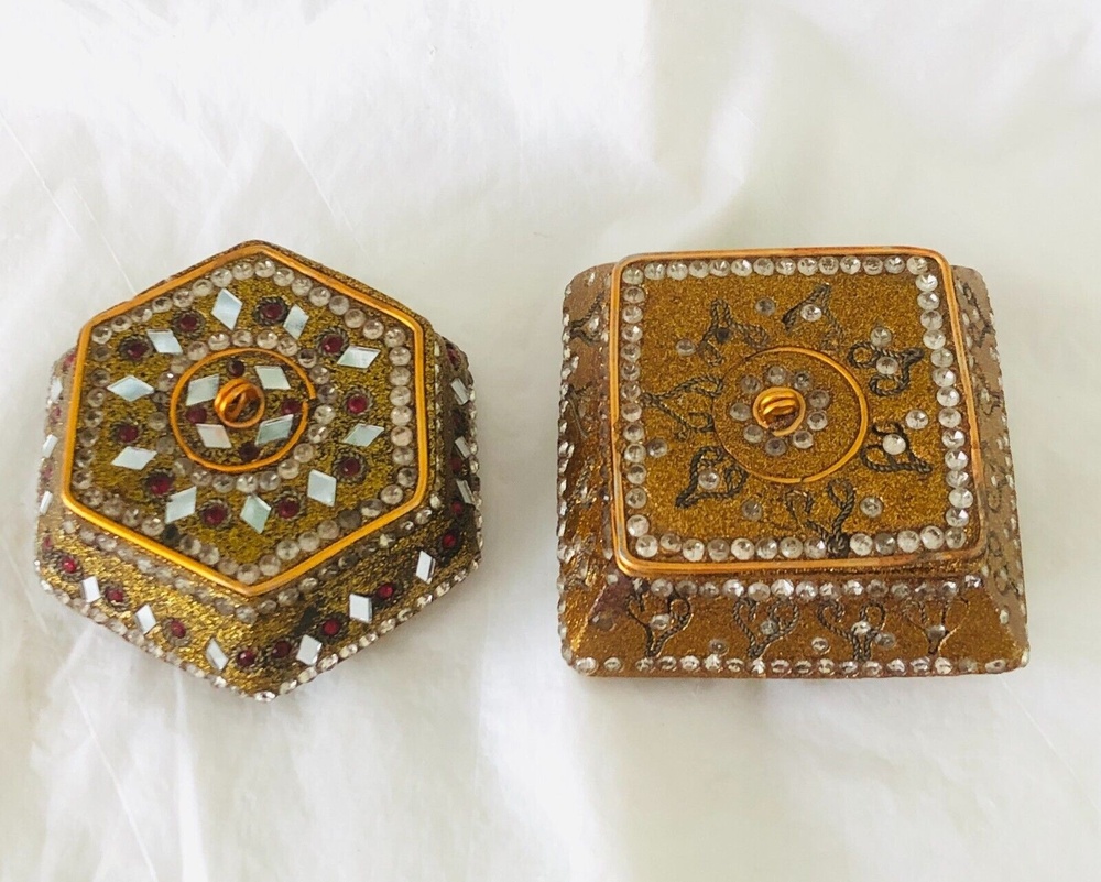 1990 Indian Trinket Boxes With Lid Rhinestones & Copper Rope Inlay Vtg Lot Of 2